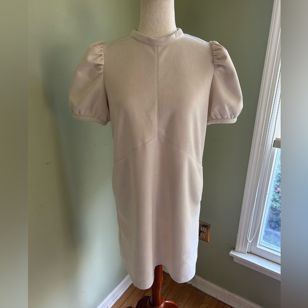 NWT THML sueded minidress size S puffed sleeves, mock neck, pockets. Off white.